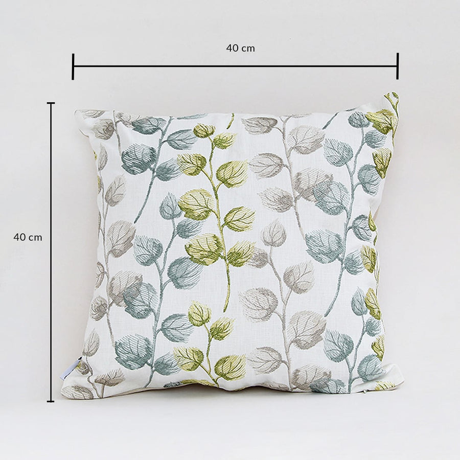 Soft cotton cushion cover with green and grey botanical embroidery displayed with visible dimensions of 40 cm by 40 cm providing a calm nature inspired décor touch with a breathable skin friendly fabric.