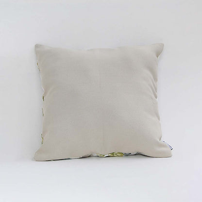 Backside of the cushion cover displayed in beige cotton fabric providing a smooth natural décor style with a breathable gentle and skin friendly texture ideal for sofas beds and interiors.