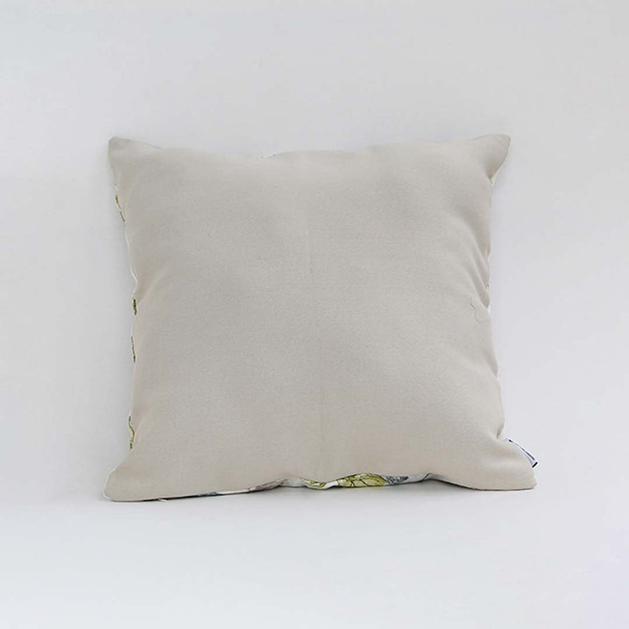 Backside of the cushion cover displayed in beige cotton fabric providing a smooth natural décor style with a breathable gentle and skin friendly texture ideal for sofas beds and interiors.