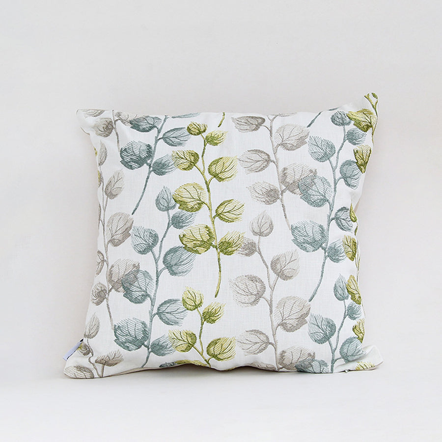 White cotton cushion cover with green berry botanical print for sofa bedroom seating and fresh modern home decor styling.