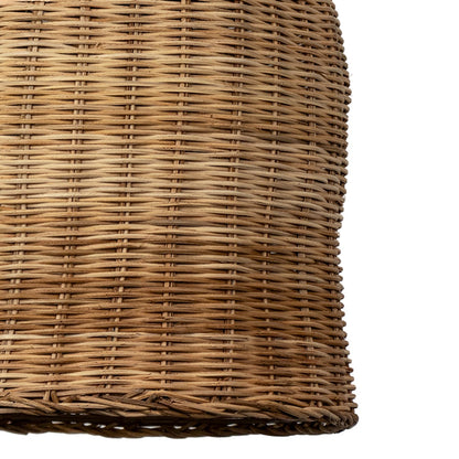 Closeup of dome-shaped rattan pendant light with handwoven bamboo shade in natural finish for modern interiors.