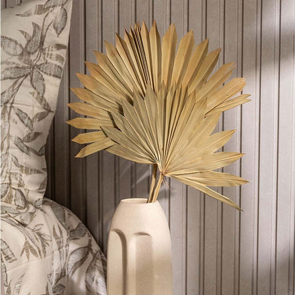 Closeup of dried palm leaves showing natural veins and fan texture ideal for wall decor and modern vase arrangements.
