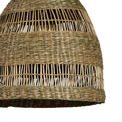 Closeup of dome shaped rattan pendant light with woven shade and braided top showing rustic handmade design.