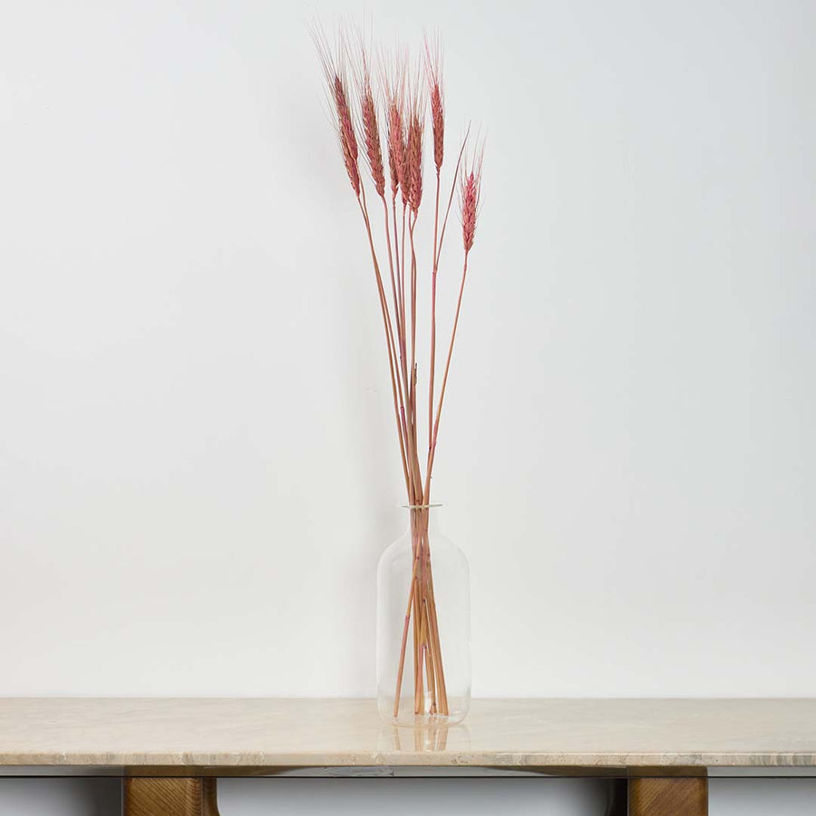 Pink dried wheat bouquet displayed in home creating rustic farmhouse aesthetic with natural preserved botanical arrangement.