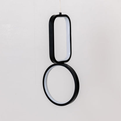 Black and white metal dual shape hanging light shown switched off on white background for clean minimal wall decor.