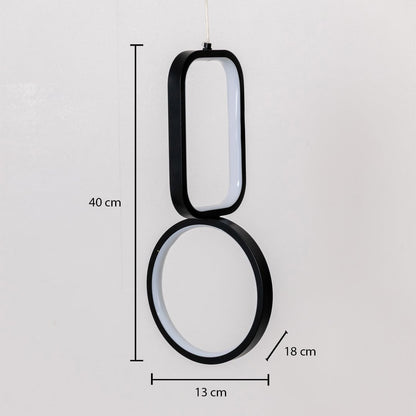 Black and white metal dual shape hanging light shown with 40 cm height 13 cm width and 18 cm depth for accurate placement.
