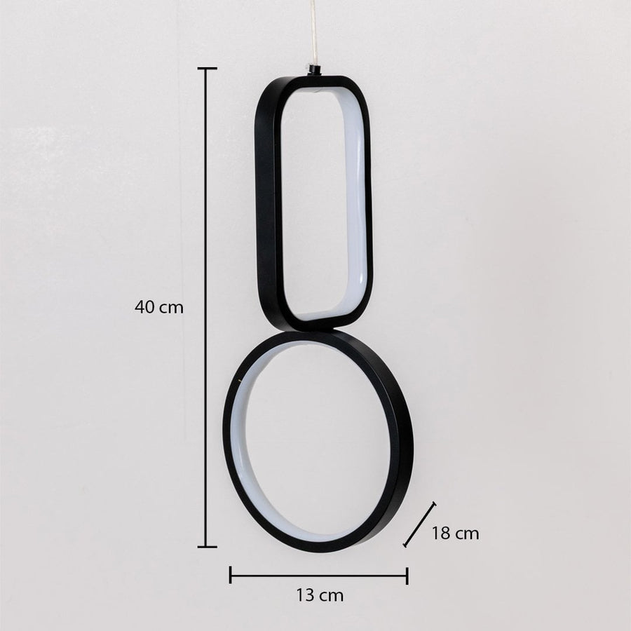 Black and white metal dual shape hanging light shown with 40 cm height 13 cm width and 18 cm depth for accurate placement.