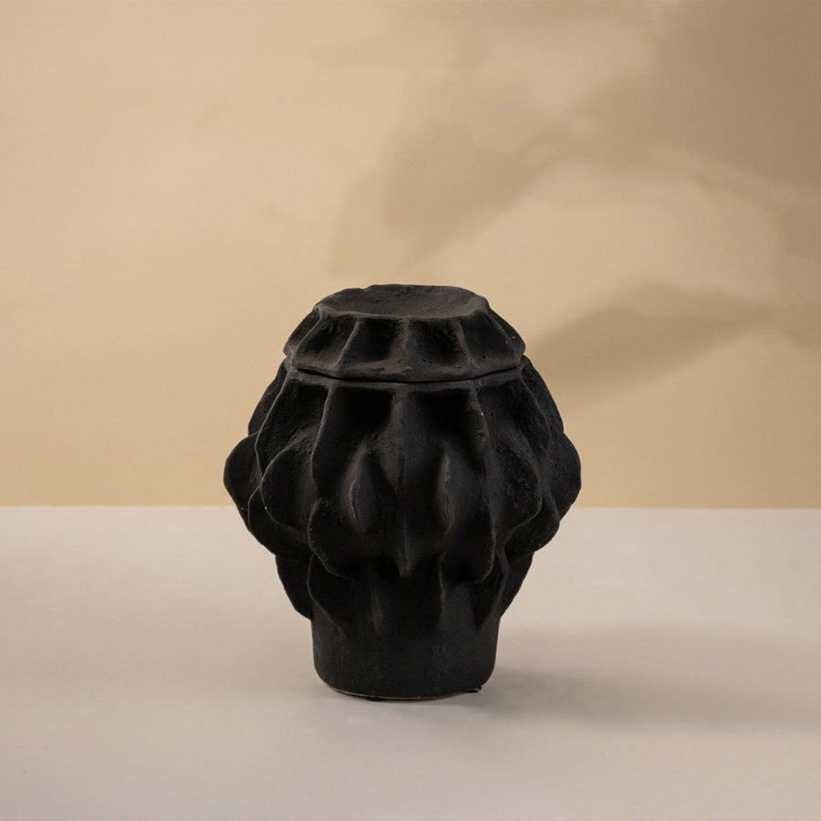 Matte black vase displayed on white background highlighting organic texture and bold artistic curves.