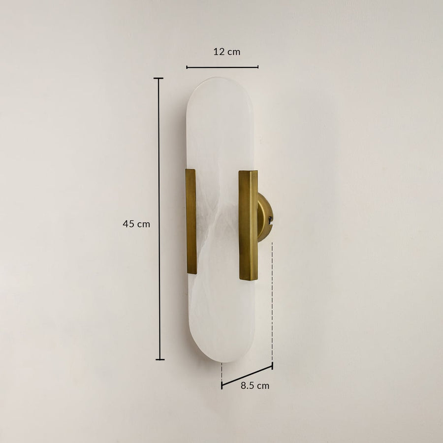 Marble gold wall light with 45 cm height 12 cm width and 15 cm depth for modern decor spaces.
