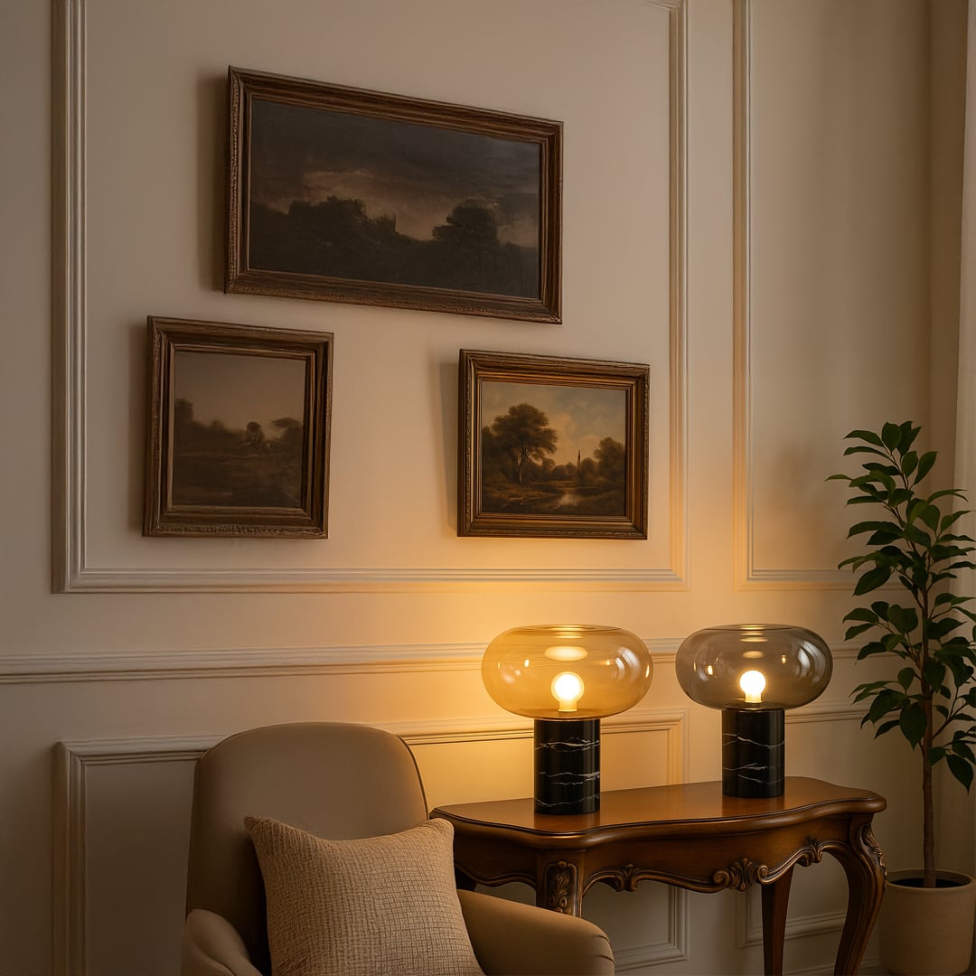 Set of modern amber glass table lamps glowing warmly on white background highlighting their elegant marble bases and golden light reflections.