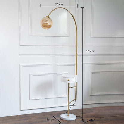 Product image with dimensions displayed showing 90 cm height and 35 cm base diameter of the modern floor lamp with a globe shade.