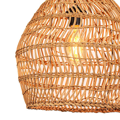 Closeup of open weave rattan pendant light with handwoven bamboo shade in natural finish for rustic interiors.