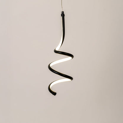 Modern black and white metal spiral hanging light glowing softly on white background for stylish home wall decor.