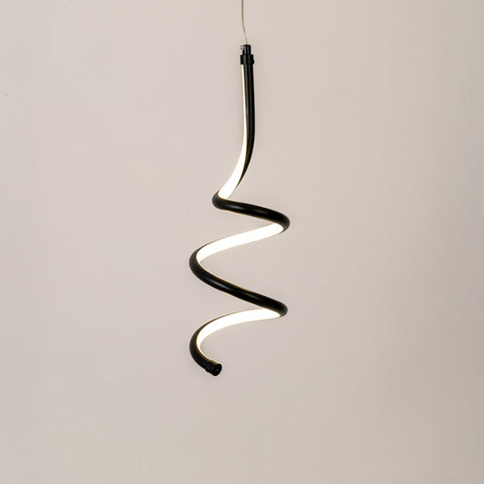 Modern black and white metal spiral hanging light glowing softly on white background for stylish home wall decor.