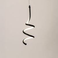 Black metal spiral LED pendant light with warm illumination for artistic modern interiors.