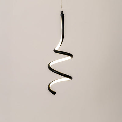 Black metal spiral LED pendant light with warm illumination for artistic modern interiors.