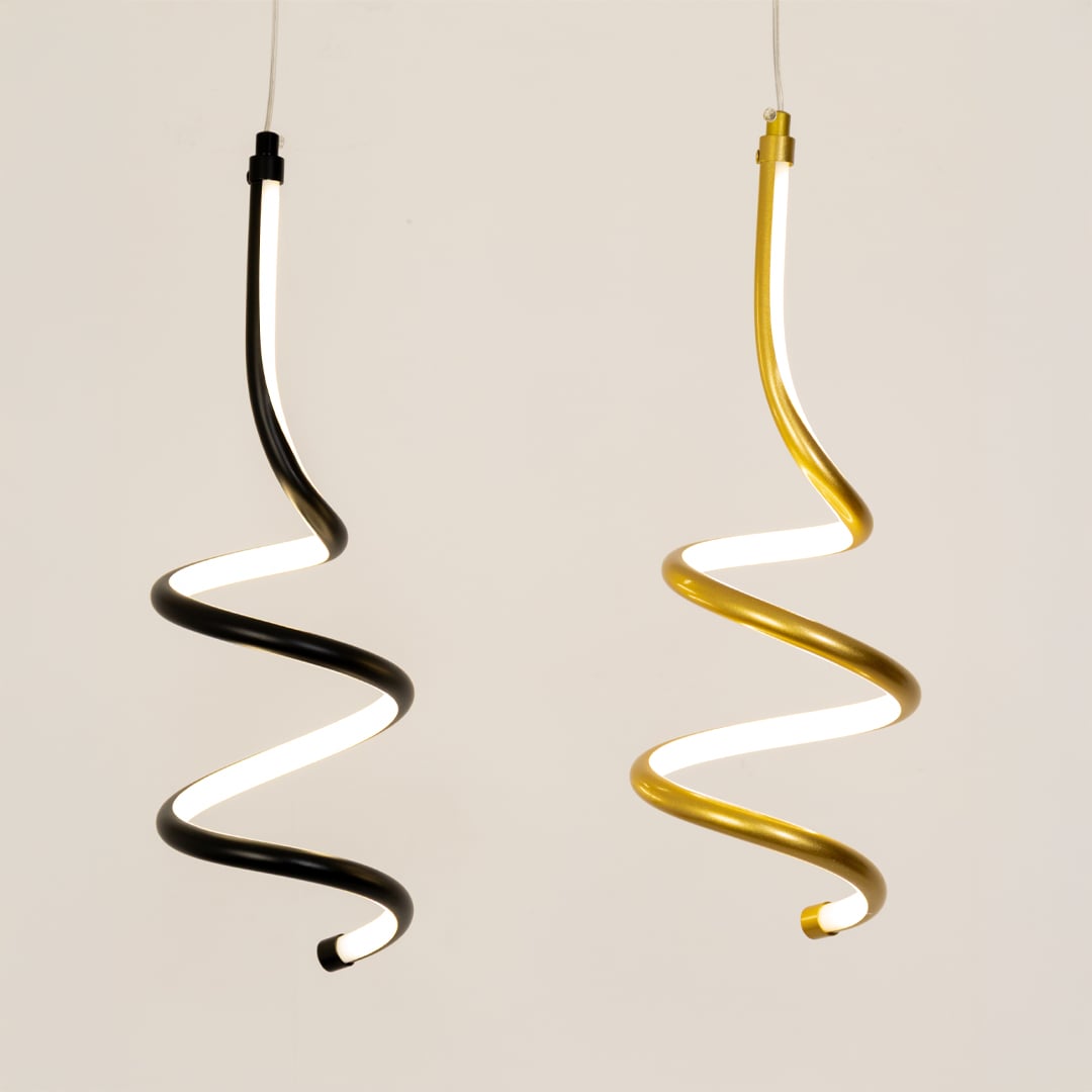 Set of modern gold and white metal spiral hanging lights displayed together for stylish contemporary wall decor.