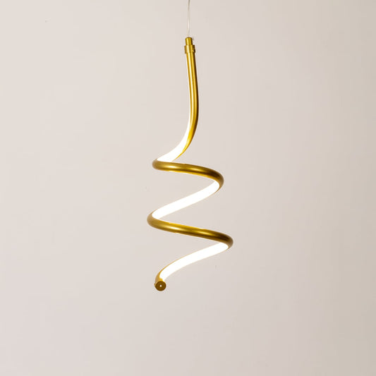 Modern gold and white metal spiral hanging light glowing softly on white background for elegant home wall decor.