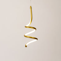 Gold metal spiral LED pendant light with warm glow for elegant bedroom and living room decor.