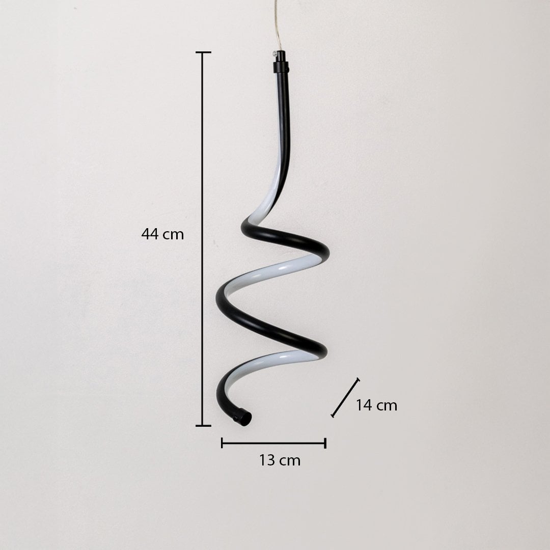 Black and white metal spiral hanging light shown with 44 cm height 13 cm width and 14 cm depth for precise placement.