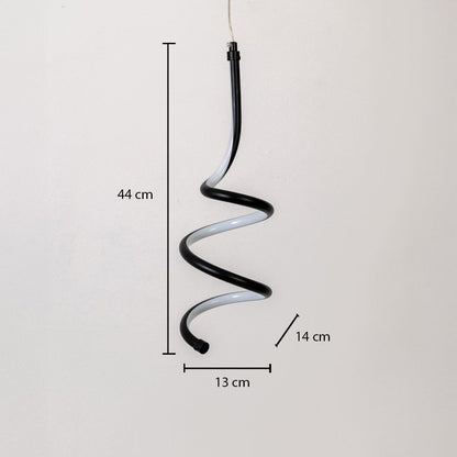 Black and white metal spiral hanging light shown with 44 cm height 13 cm width and 14 cm depth for precise placement.