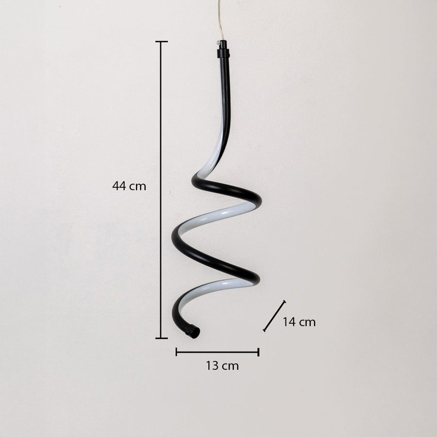 Black and white metal spiral hanging light shown with 44 cm height 13 cm width and 14 cm depth for precise placement.