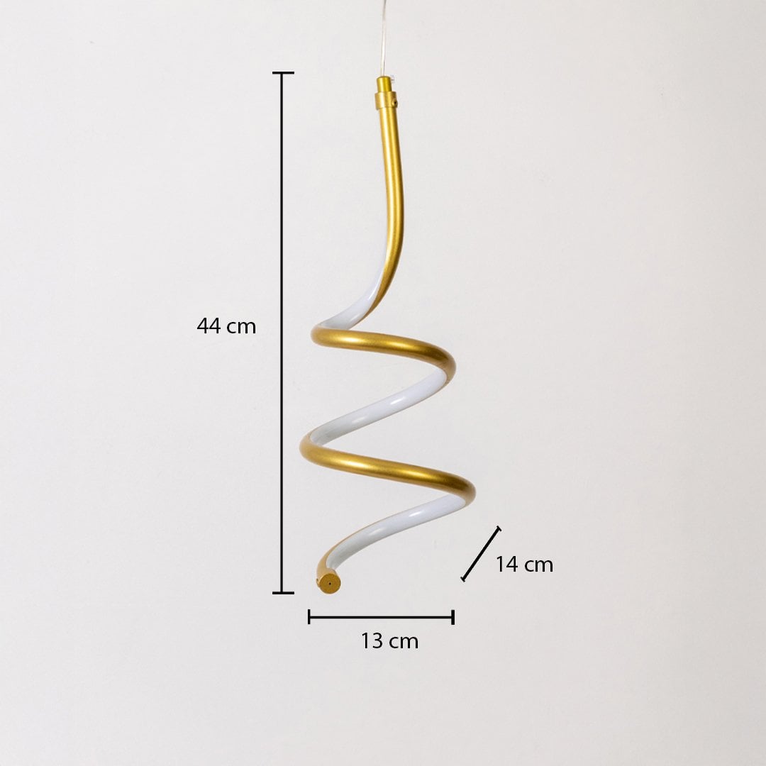 Gold and white metal spiral hanging light shown with 44 cm height 13 cm width and 14 cm depth for precise placement.