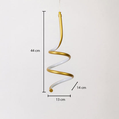 Gold and white metal spiral hanging light shown with 44 cm height 13 cm width and 14 cm depth for precise placement.