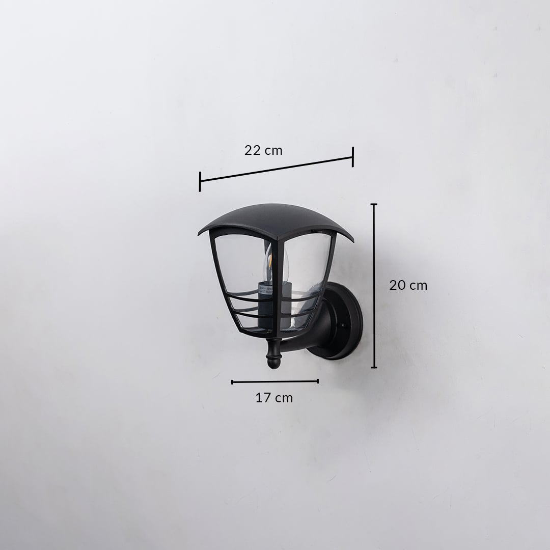 Black metal outdoor wall light dimension image with 20 cm height and clear glass shade for patio decor.