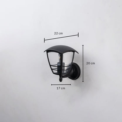 Black metal outdoor wall light dimension image with 20 cm height and clear glass shade for patio decor.