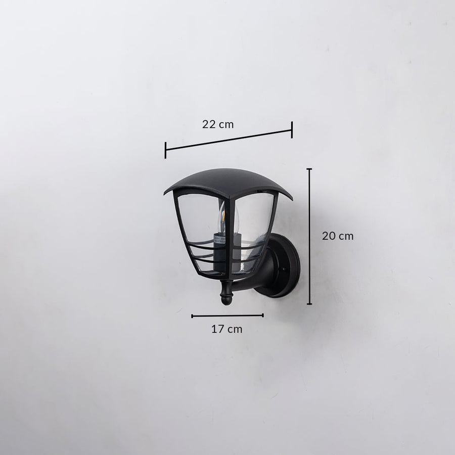 Black metal outdoor wall light dimension image with 20 cm height and clear glass shade for patio decor.