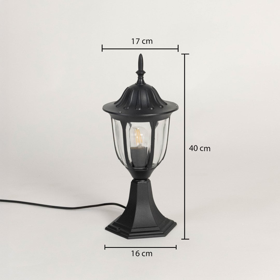 Black pillar lamp shown with dimensions height 40cm width 17cm base 16cm designed for outdoor home garden and entrance decor.