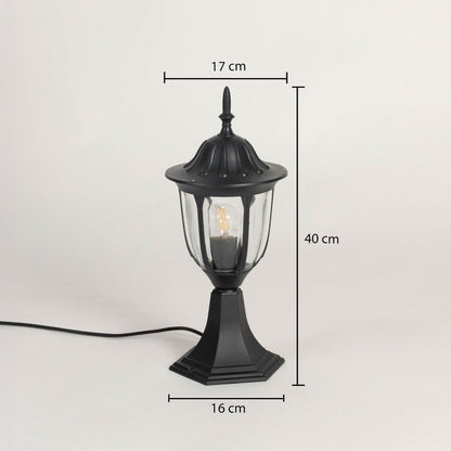 Black pillar lamp shown with dimensions height 40cm width 17cm base 16cm designed for outdoor home garden and entrance decor.