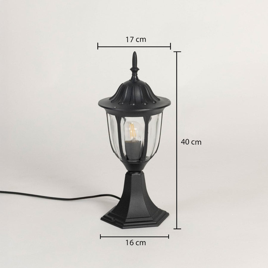 Black pillar lamp shown with dimensions height 40cm width 17cm base 16cm designed for outdoor home garden and entrance decor.