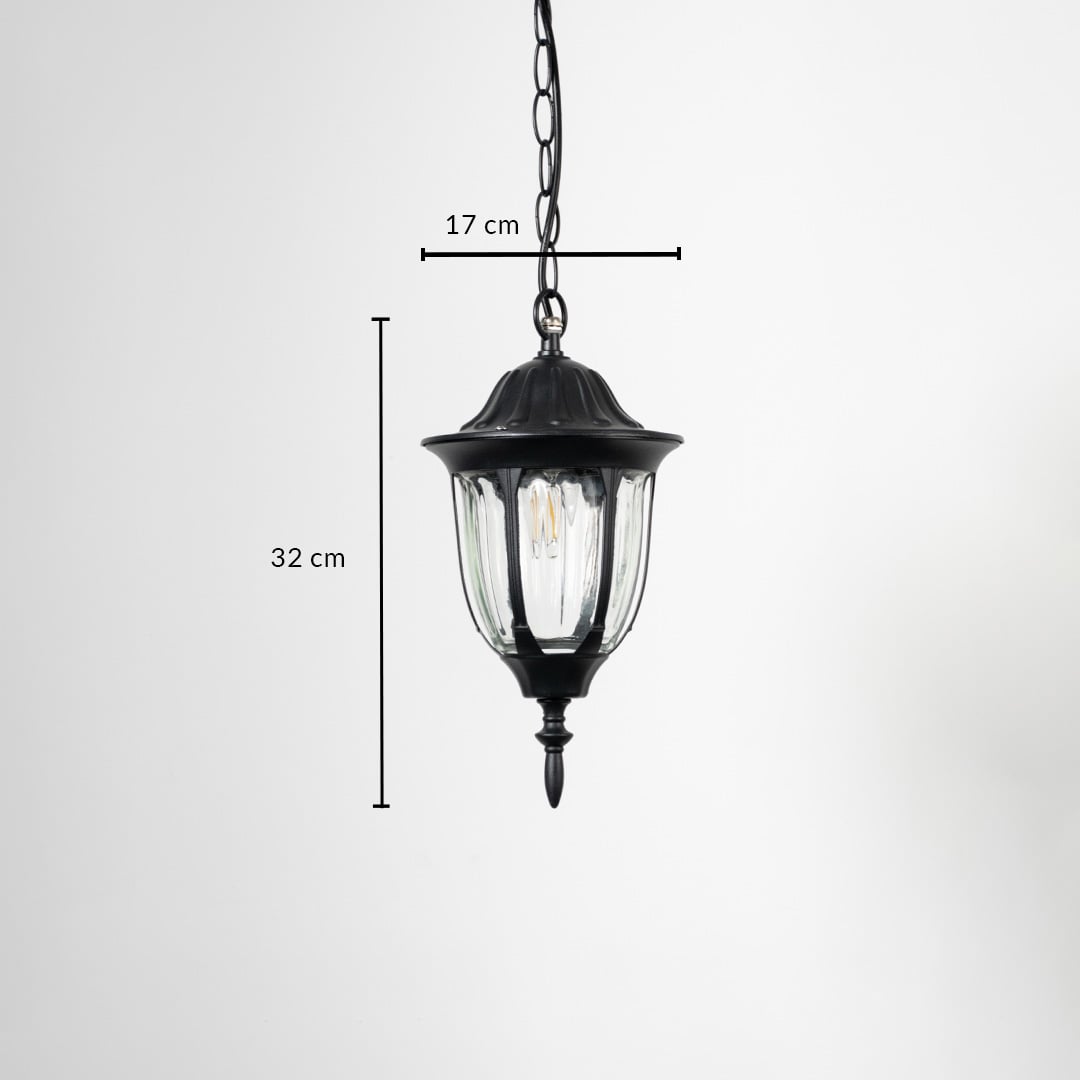 Outdoor hanging lantern light dimension image showing height 32 cm and width 17 cm with sleek black finish.