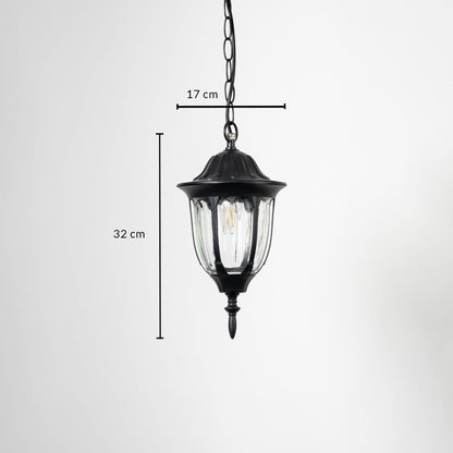 Outdoor hanging lantern light dimension image showing height 32 cm and width 17 cm with sleek black finish.