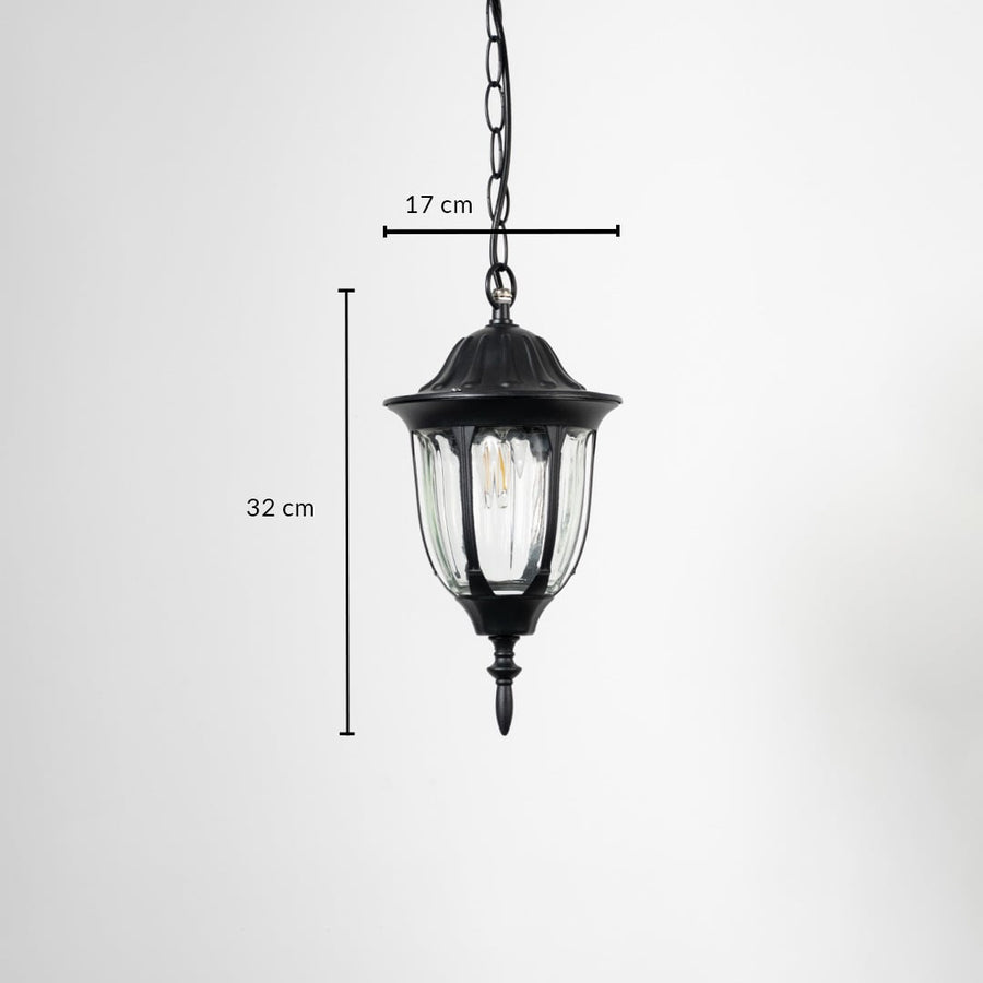 Outdoor hanging lantern light dimension image showing height 32 cm and width 17 cm with sleek black finish.