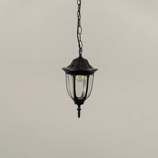 Black metal hanging lantern on white background with light off showing clear curved glass panels and decorative top finial perfect for traditional outdoor decor.