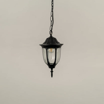 Black outdoor hanging lantern light turned off on white background highlighting design and material finish.