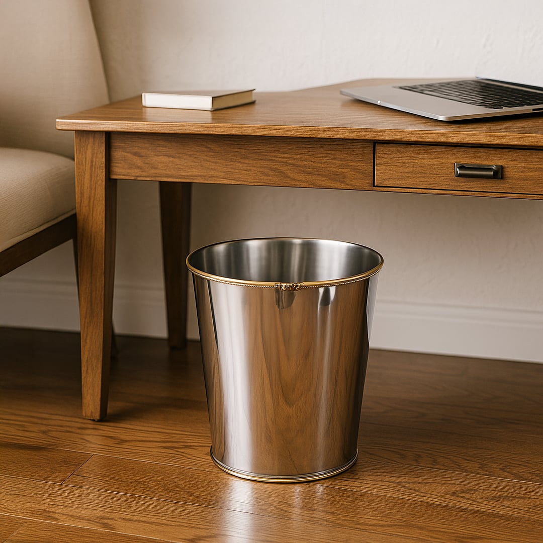 A polished metal waste bin placed neatly under a wooden desk in a warm home office setting with soft natural light enhancing the elegant metallic finish of the bin.