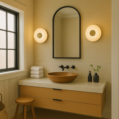 Designer marble wall sconce with brass centerpiece radiating soft illumination adding sophistication and charm to contemporary interiors.