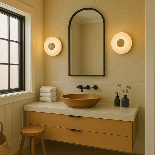 Designer marble wall sconce with brass centerpiece radiating soft illumination adding sophistication and charm to contemporary interiors.