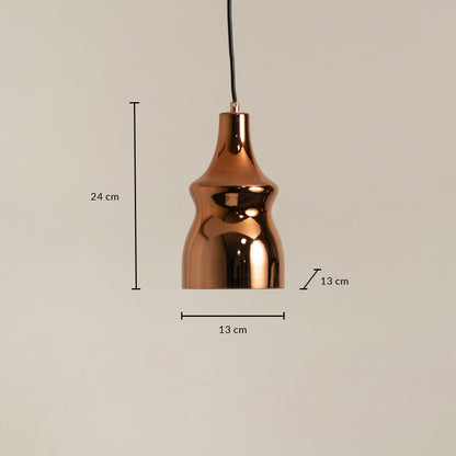 Copper metal pendant light with 24 cm height and 13 cm width shown clearly for accurate hanging placement.