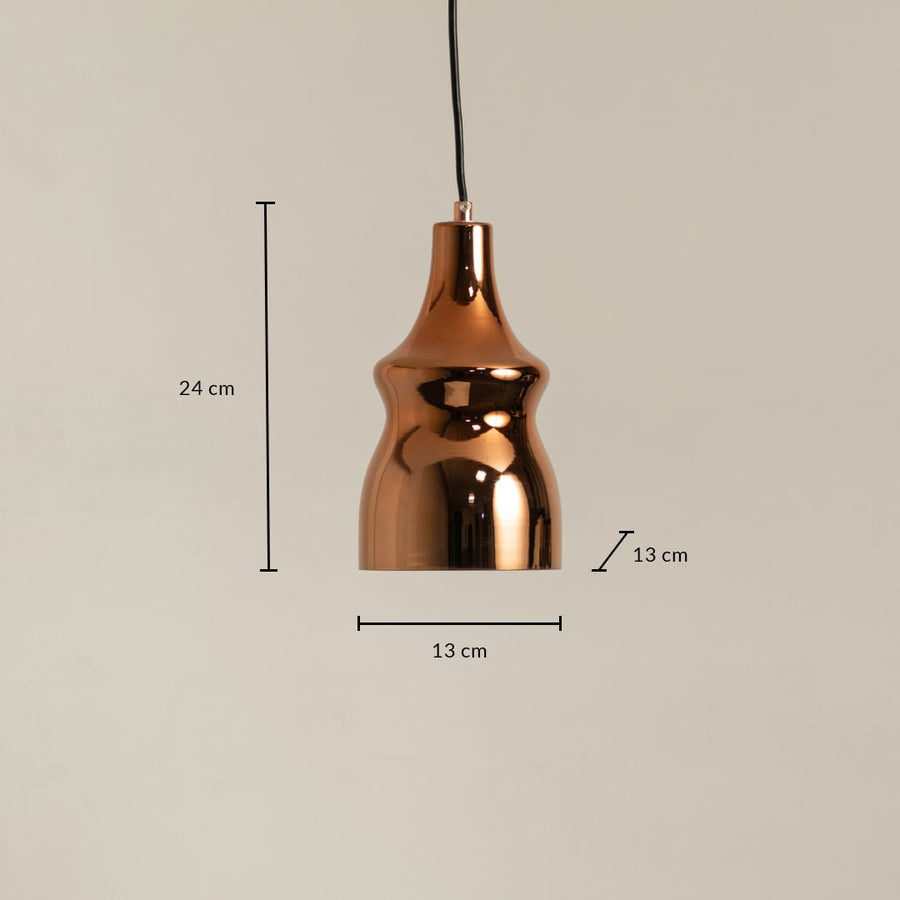 Copper metal pendant light with 24 cm height and 13 cm width shown clearly for accurate hanging placement.