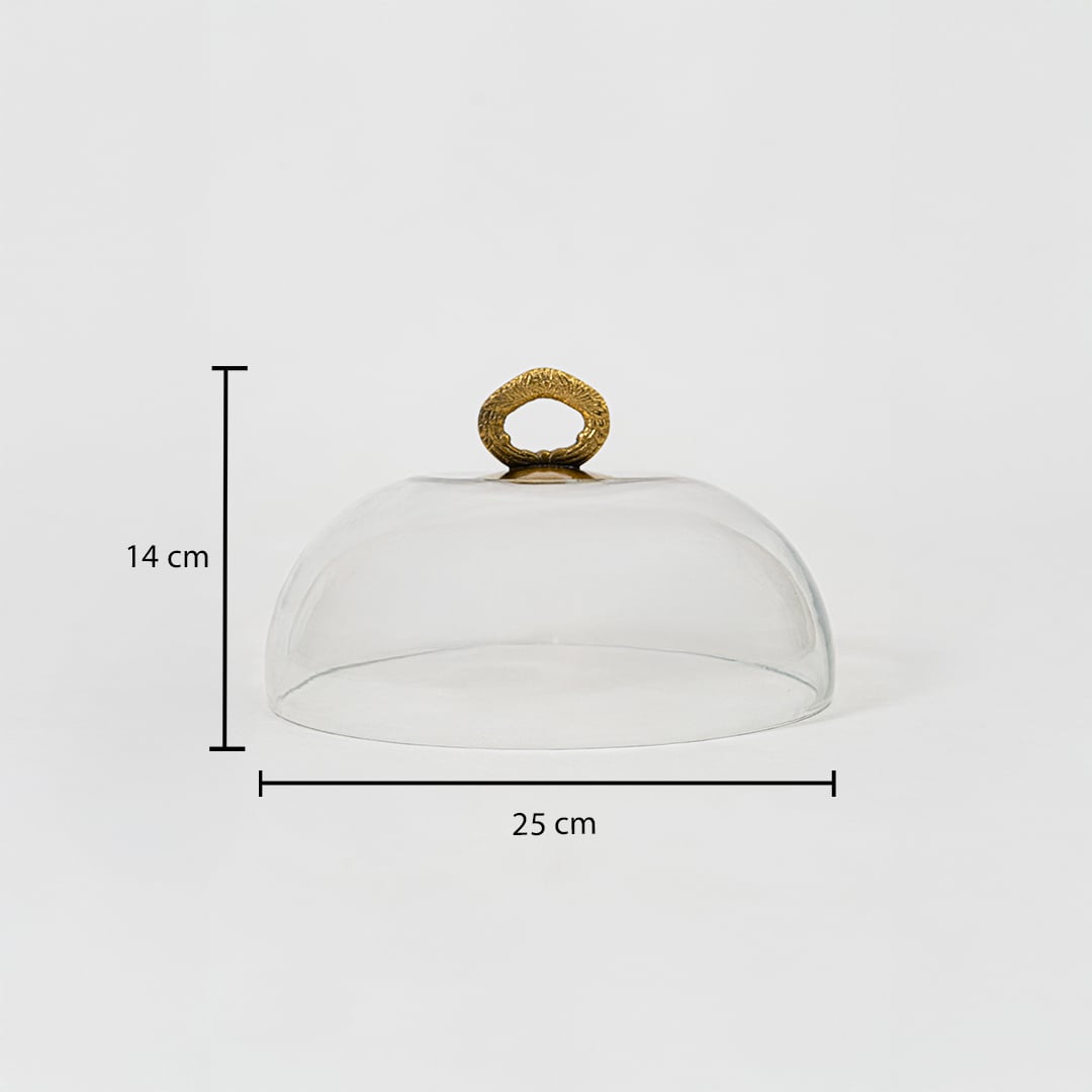 Glass dome with golden handle shown with size labels 15 cm height and 23 cm width on white background.