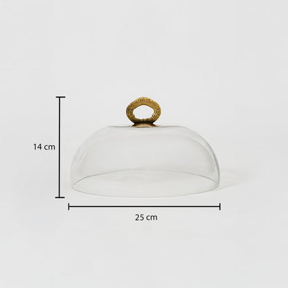 Glass dome with golden handle shown with size labels 15 cm height and 23 cm width on white background.
