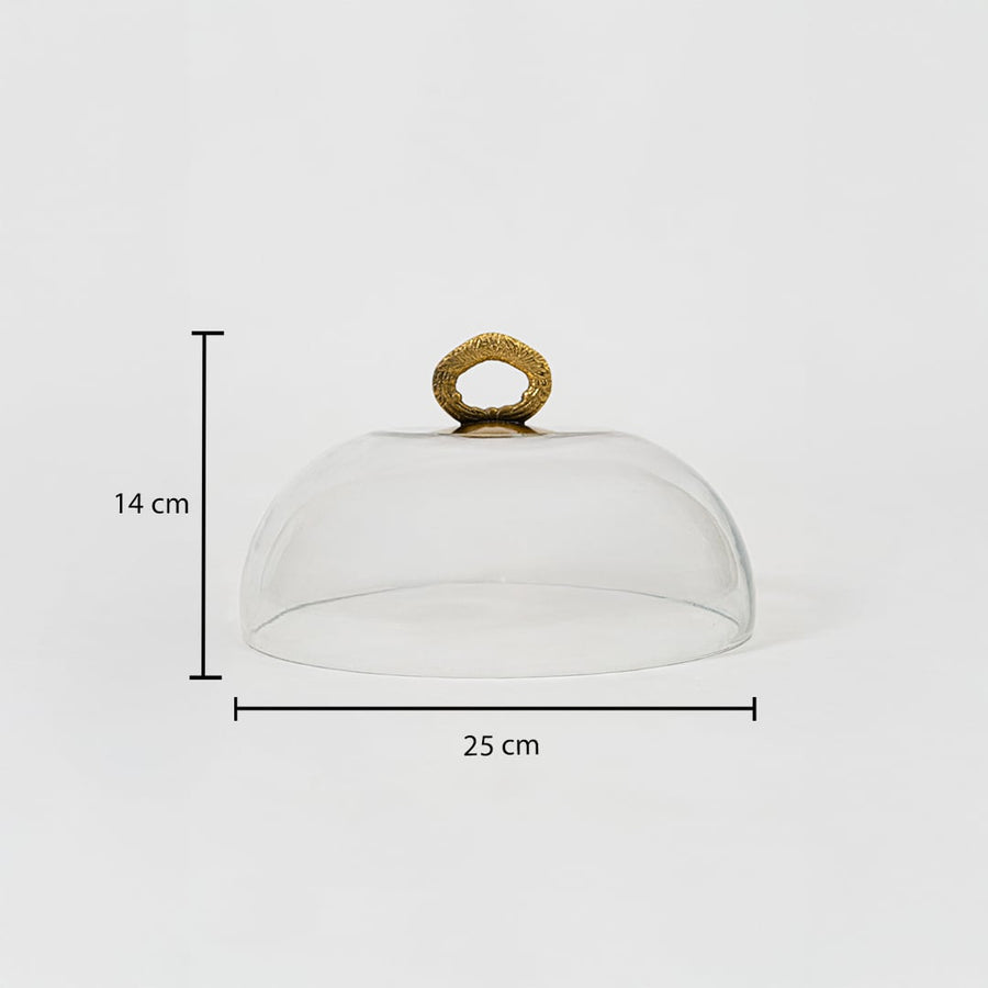 Glass dome with golden handle shown with size labels 15 cm height and 23 cm width on white background.