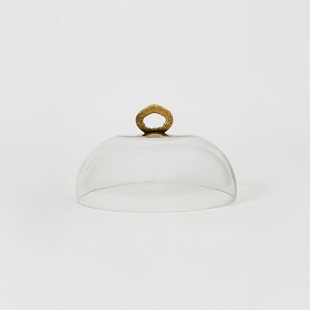 Clear glass dome with decorative golden handle in focus showcasing smooth round shape and elegant simplicity.
