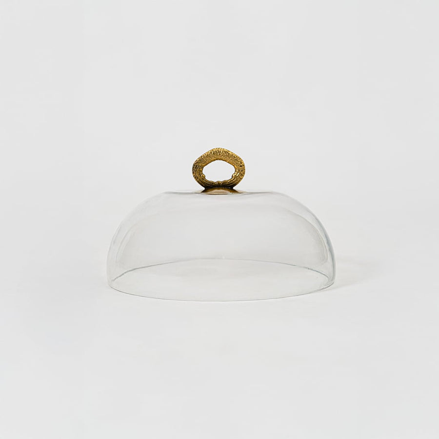 Clear glass dome with decorative golden handle in focus showcasing smooth round shape and elegant simplicity.