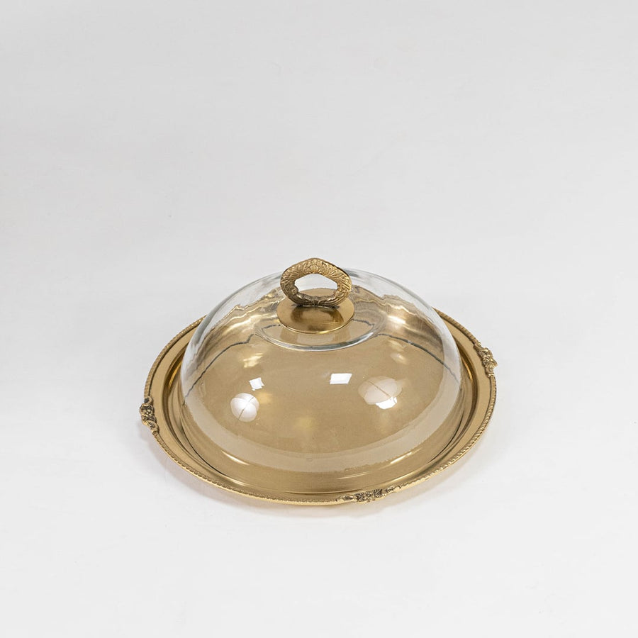 Glass dome with brass handle and matching base plate displayed on white background highlighting clean design.